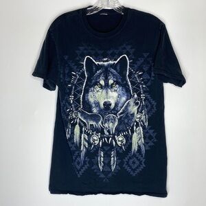 Vintage Black Native American Wolf Dream Catcher Black Short Sleeve Tshirt M/L